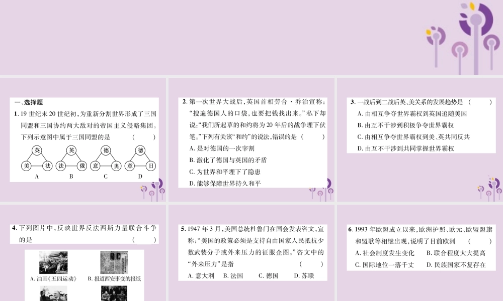 中考历史总复习 第二编 热点专题速查篇 专题8 近现代国际关系的演变(精练)课件