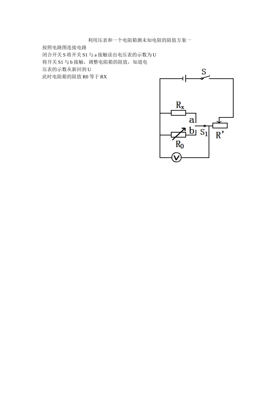 利用压表和一个电阻箱测未知电阻的阻值方案一_第1页