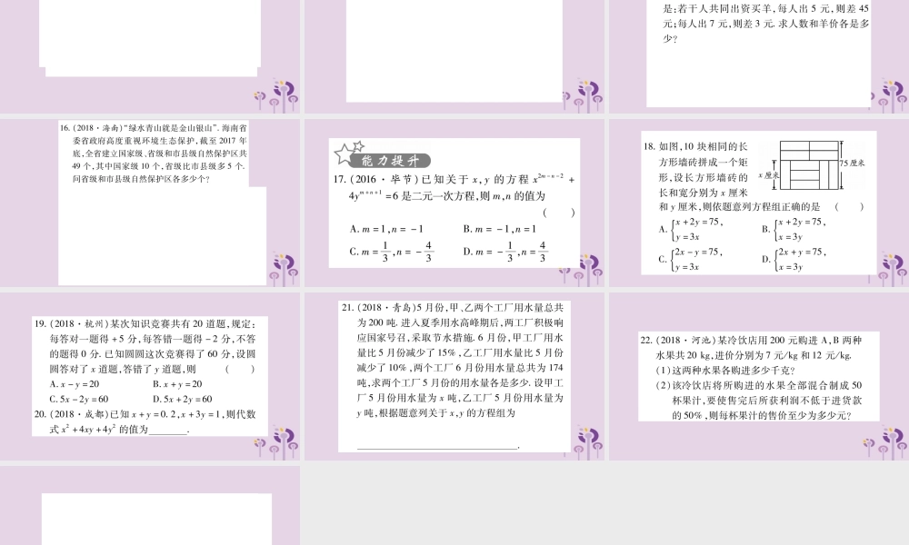 中考数学复习 第一轮 考点系统复习 第2章 方程(组)与不等式(组)第1节 一次方程(组)及其应用习题课件