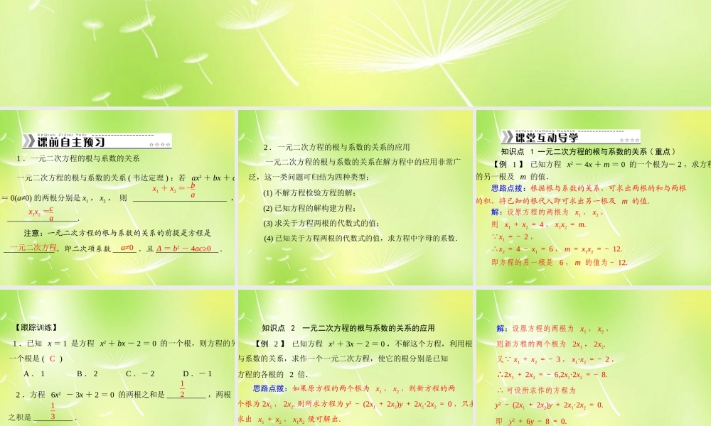 九年级数学上册 2124 一元二次方程根与系数的关系课件 (新版)新人教版 课件