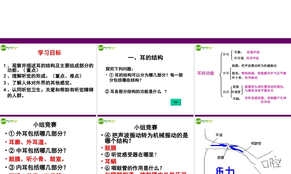 七年级生物下册 第五章人体生命活动的调节 第四节 人体对周围世界的感知 耳课件 济南版 课件