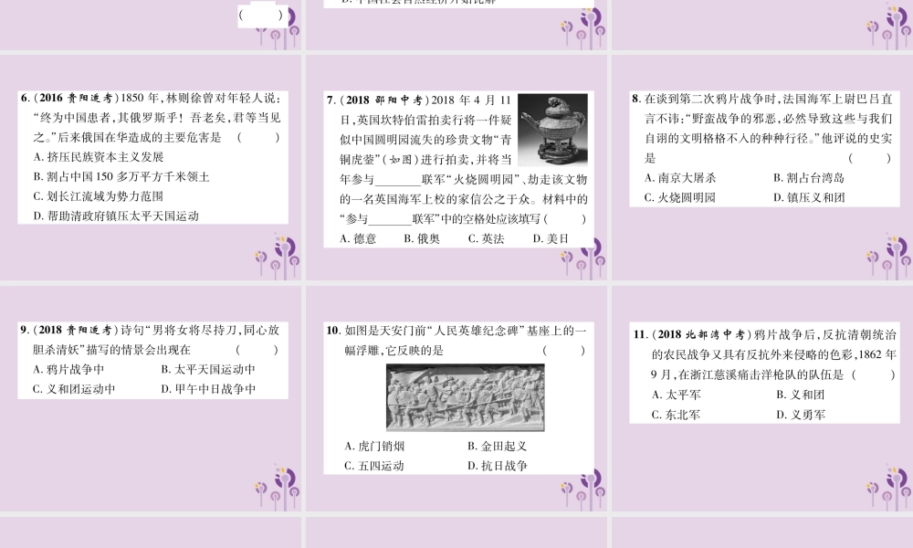 中考历史总复习 第一编 教材知识速查篇 模块一 中国近代史 第1讲 中国开始沦为半殖民地半封建社会(精练)课件