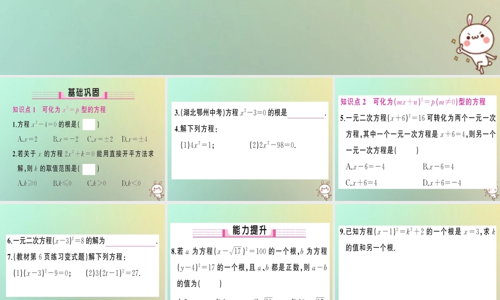九年级数学上册 第二十一章 一元二次方程 212 解一元二次方程 2121 配方法 第1课时 直接开平方法习题课件 (新版)新人教版 课件