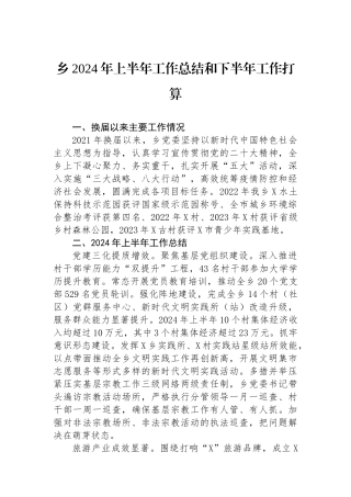乡2024年上半年工作总结和下半年工作打算