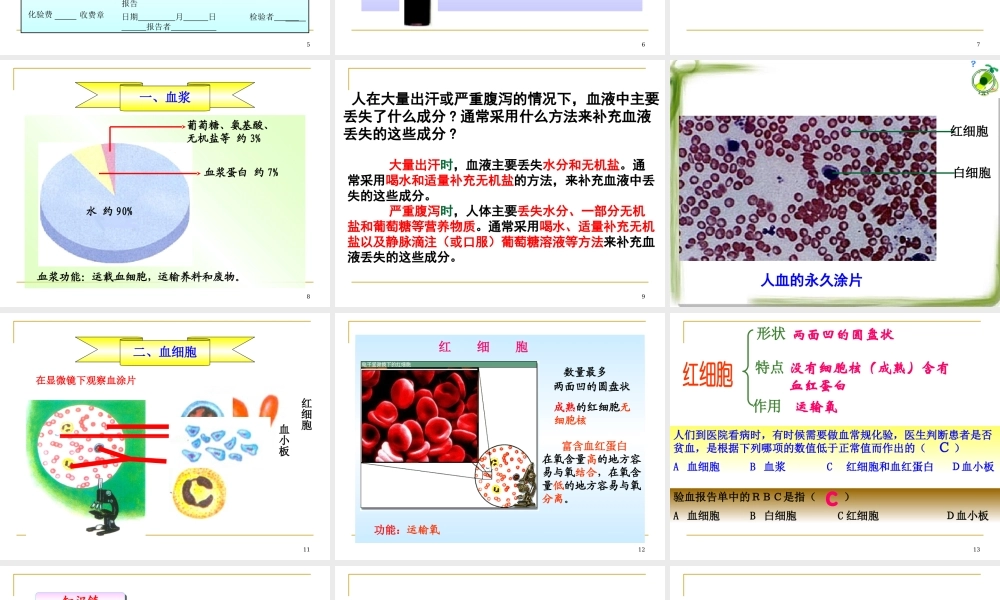 人教版七年级生物下册-课件：第四单元第四章第1节流动的组织——血液