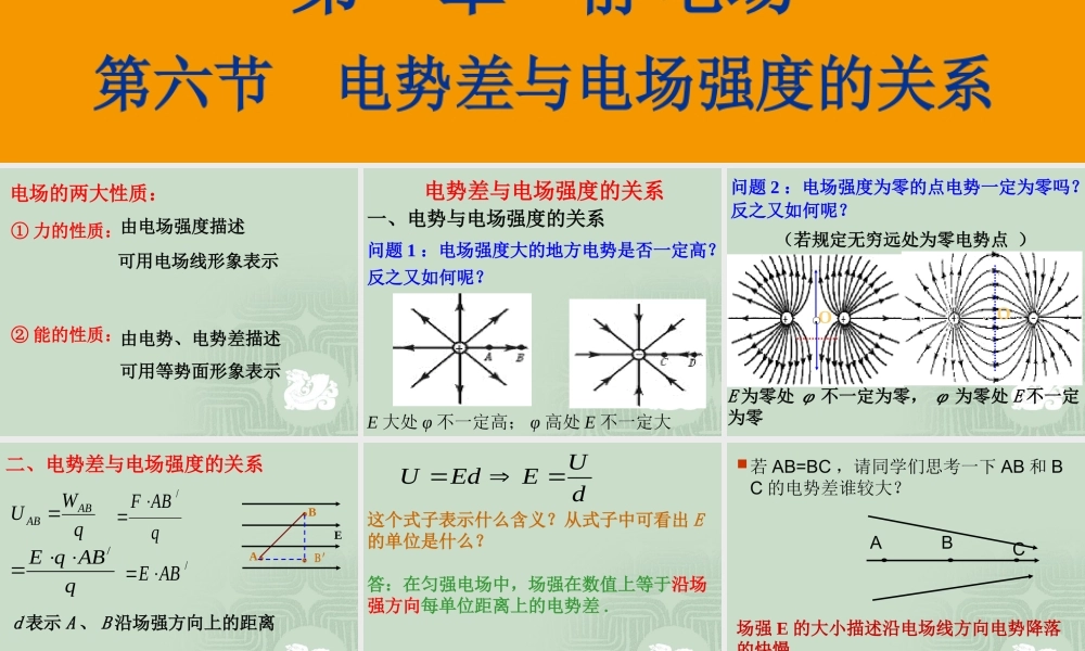 【物理】16电势差与电场强度的关系课件1（人教版选修3-1）