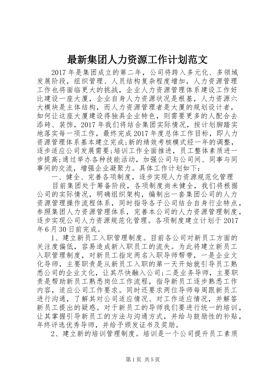 最新集团人力资源工作计划范文_第1页