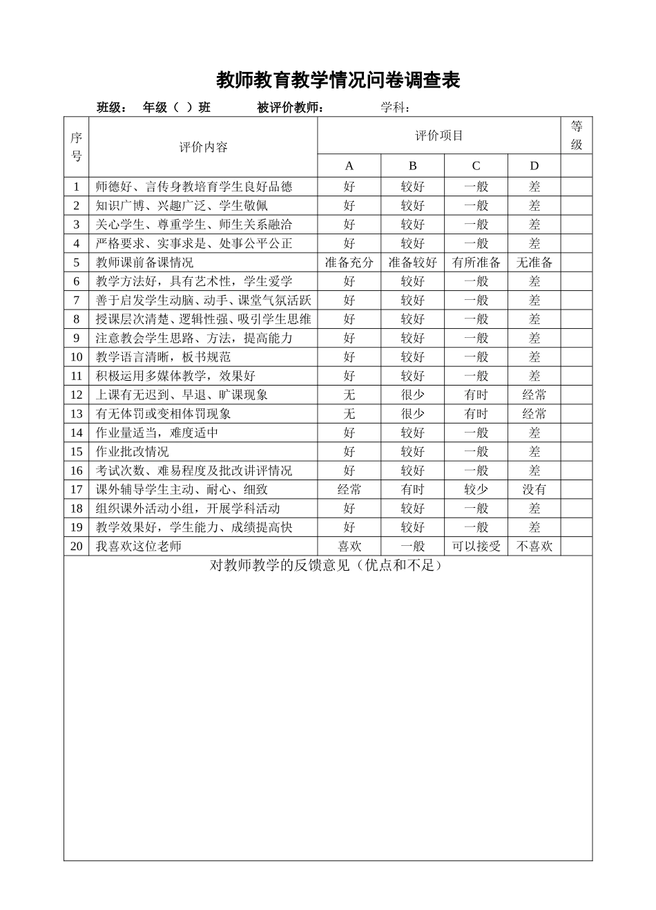 教师教育教学情况问卷调查表_第1页