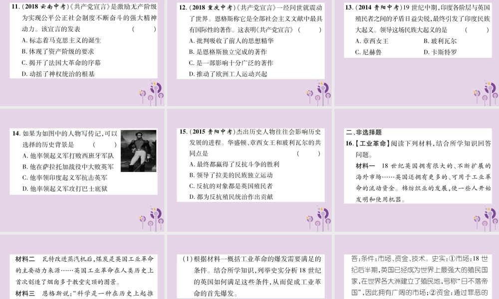 中考历史总复习 第一编 教材知识速查篇 模块三 世界近代史 第17讲 工业革命和工人运动的兴起 殖民地人民的反抗(精练)课件