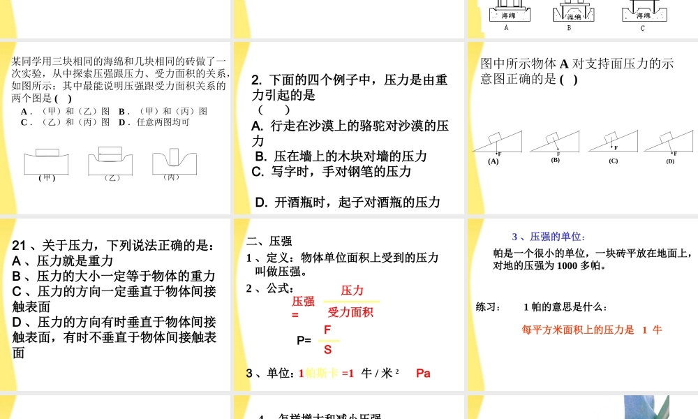 九年级物理 第十四章之(压力和压强)课件 人教新课标版 课件
