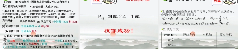 九年级数学42二次函数y=axh2k的图象和性质课件北师大版 课件