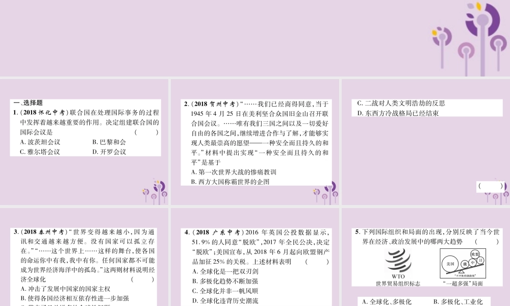 中考历史总复习 第一编 教材知识速查篇 模块四 世界现代史 第23讲 冷战结束后的世界(精练)课件