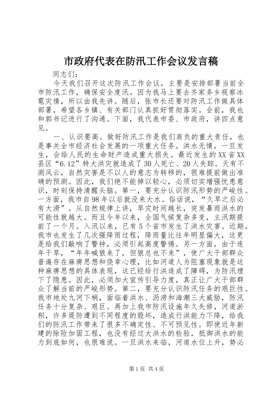市政府代表在防汛工作会议发言稿_第1页