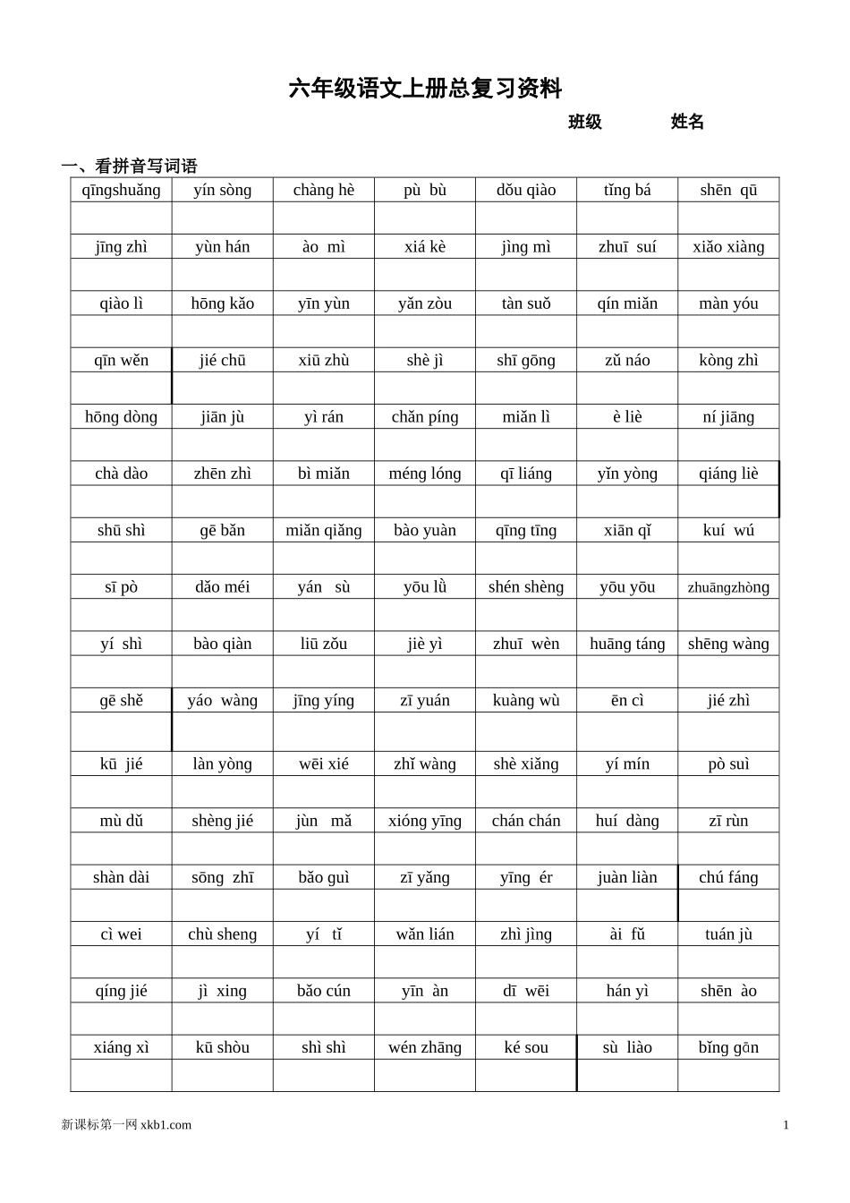 新课标人教版六年级语文上册总复习资料_第1页
