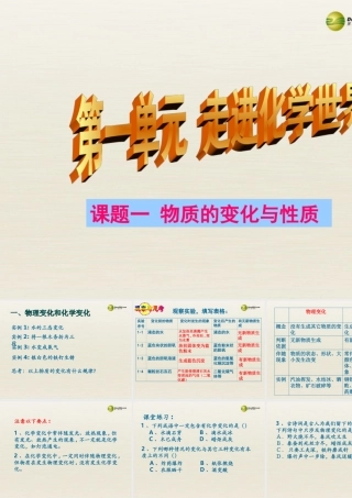 八年级化学上册 单元1 课题1 物质的变化和性质1课件 (新版)新人教版五四制 课件