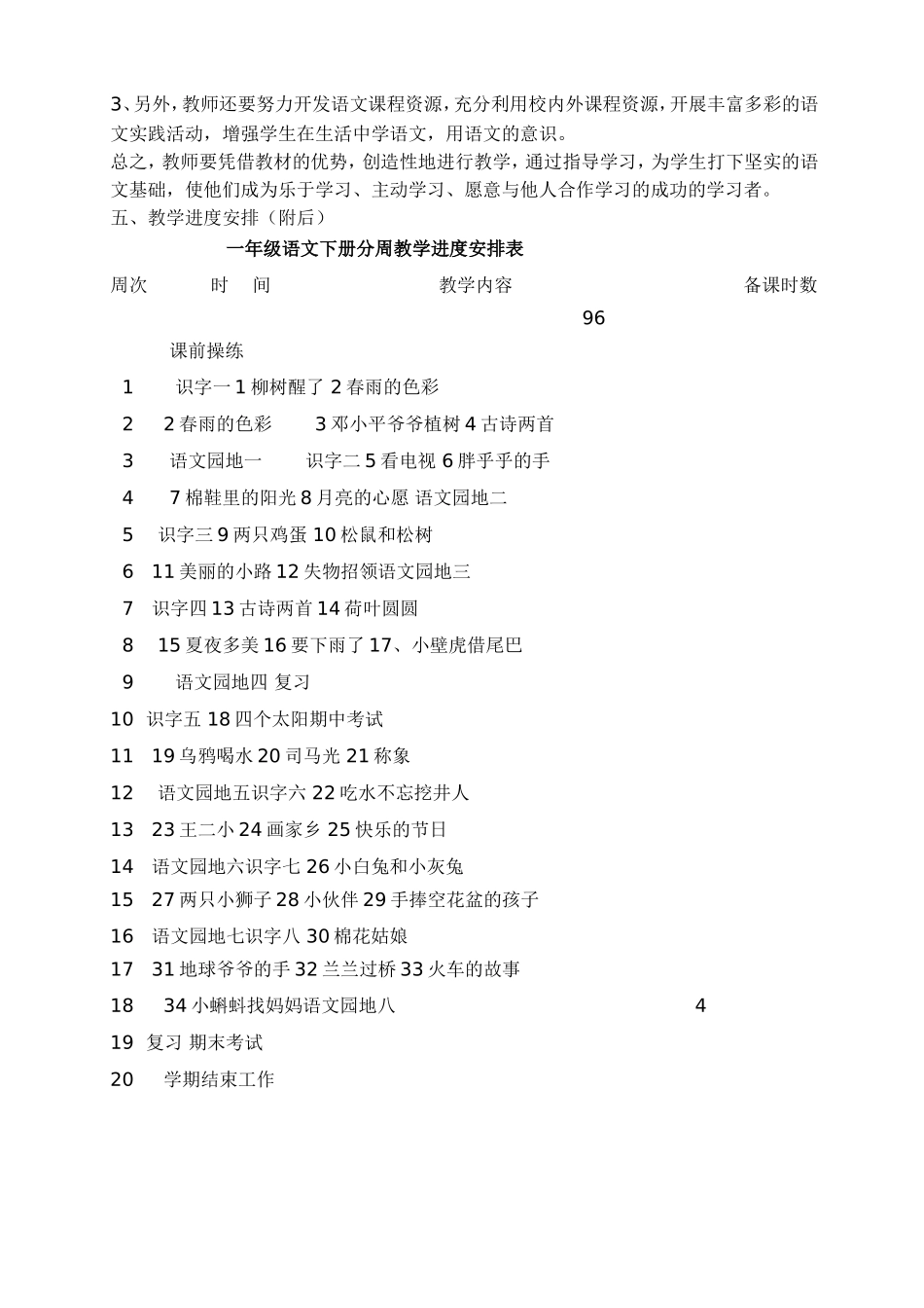 人教版小学一年级语文下学期教学工作计划_第3页