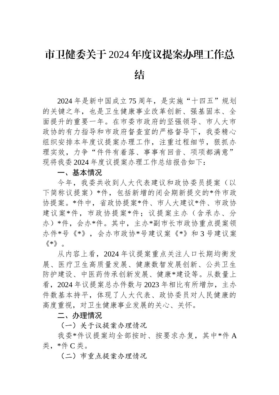 市卫健委关于2024年度议提案办理工作总结_第1页