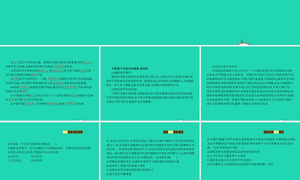 九年级政治全册 第一单元 世界大舞台 第2课 中国的声音 第3框 中国是个负责任的国家课件 人民版 课件
