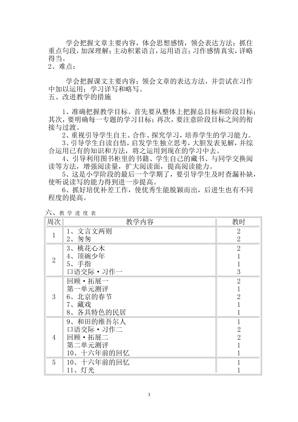 2014年人教版六年级语文下册教学计划_第3页