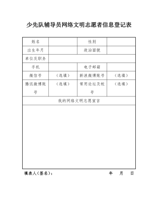 少先队辅导员网络文明志愿者信息登记表