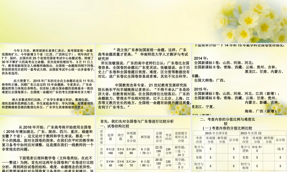 广东省中山市高考数学 备考资料 全国卷与广东卷的比较分析与备考措施课件