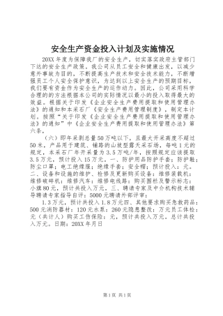 安全生产资金投入计划及实施情况
