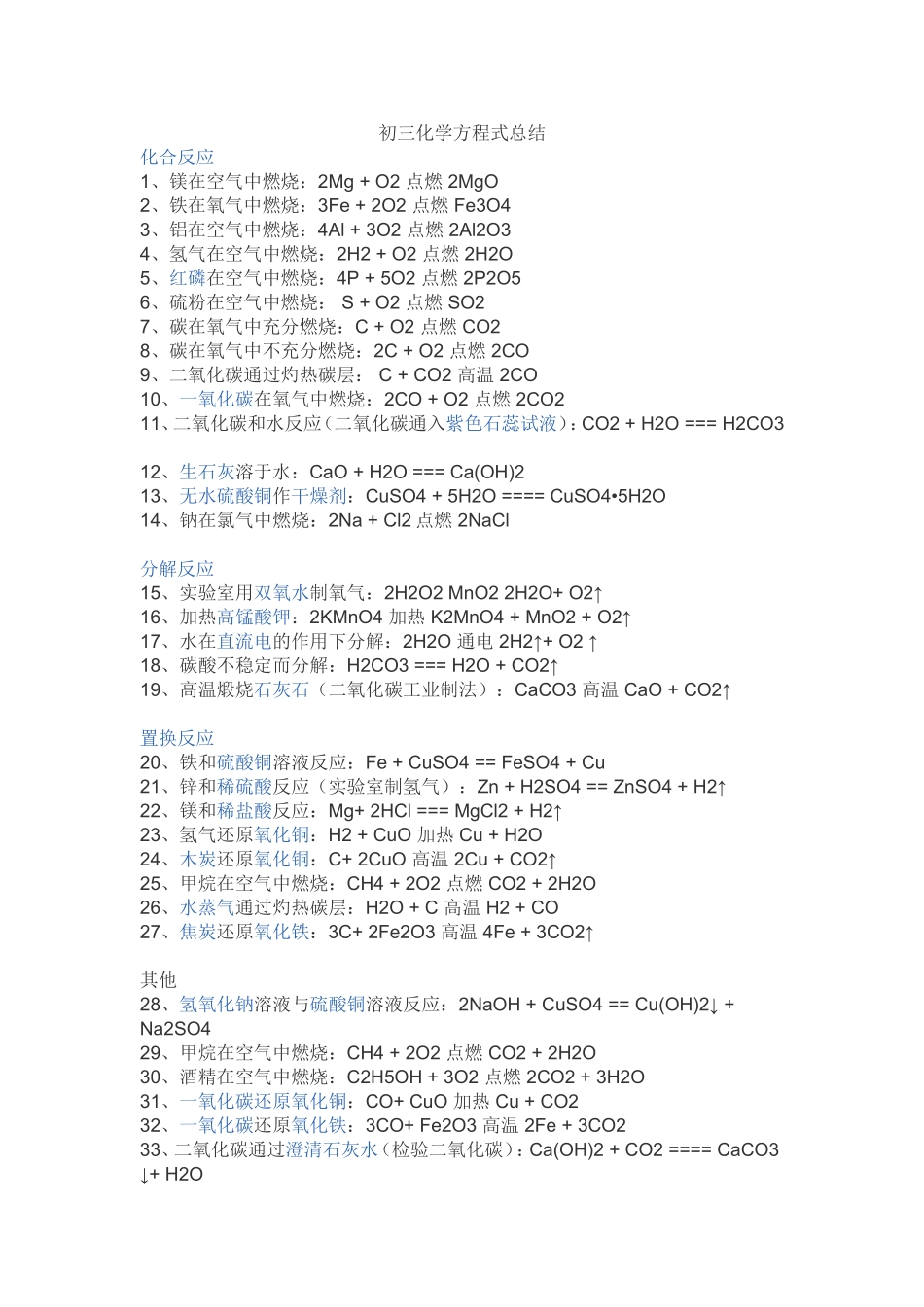 初三化学方程式总结_第1页