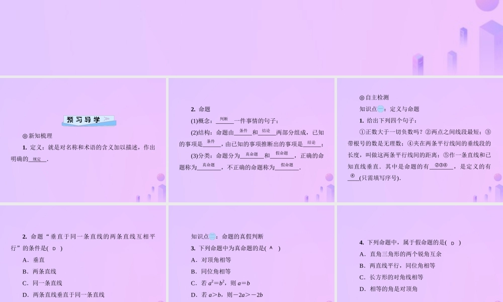 八年级数学上册 第七章 平行线的证明 7.2 定义与命题 第1课时 定义与命题习题课件 (新版)北师大版 课件