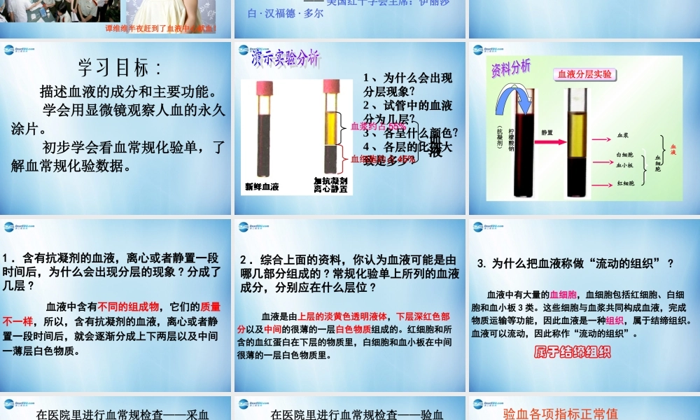 中学七年级生物下册 第四章 第一节 流动的组织-血液课件 (新版)新人教版 课件