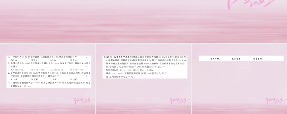 九年级数学上册 213 实际问题与一元二次方程 第2课时 利润问题与几何面积问题练习课件 (新版)新人教版 课件