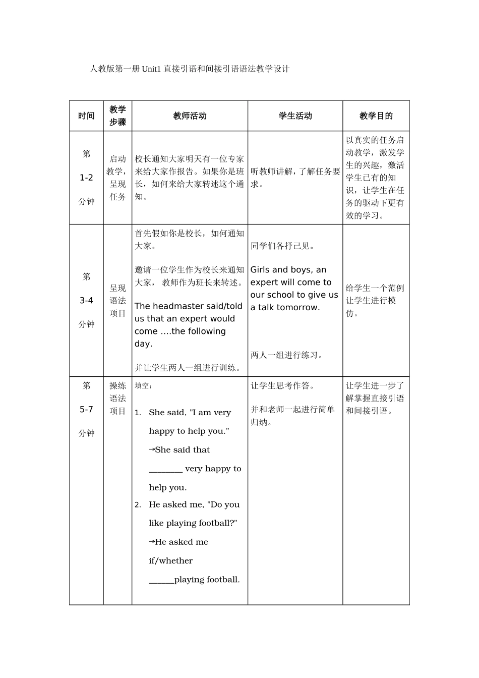 人教版第一册Unit1-直接引语和间接引语语法教学设计_第1页