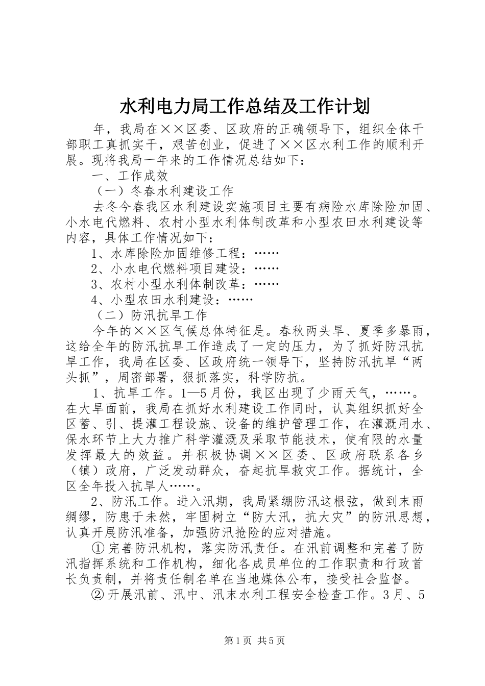 水利电力局工作总结及工作计划_第1页
