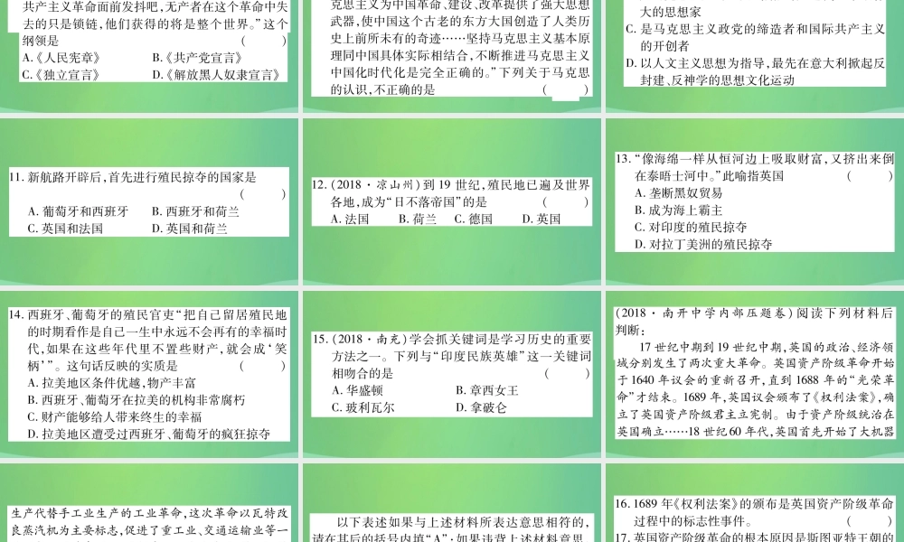 中考历史复习 第一篇 教材系统复习 4 世界古、近代史 第三学习主题 工业革命、马克思主义的诞生和反殖民斗争习题课件
