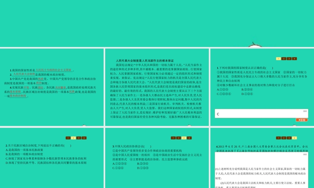 九年级政治全册 第一单元 世界大舞台 第3课 中国的道路 第3框 中国特色社会主义政治制度课件 人民版 课件