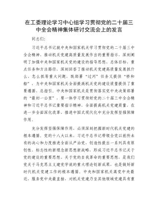 在工委理论学习中心组学习贯彻党的二十届三中全会精神集体研讨交流会上的发言