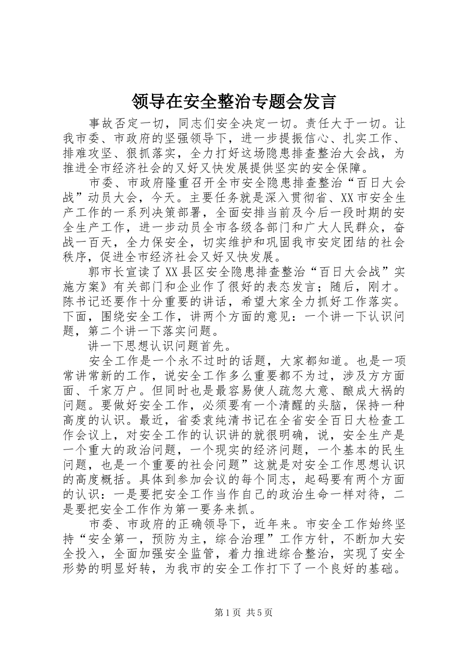 领导在安全整治专题会发言_第1页
