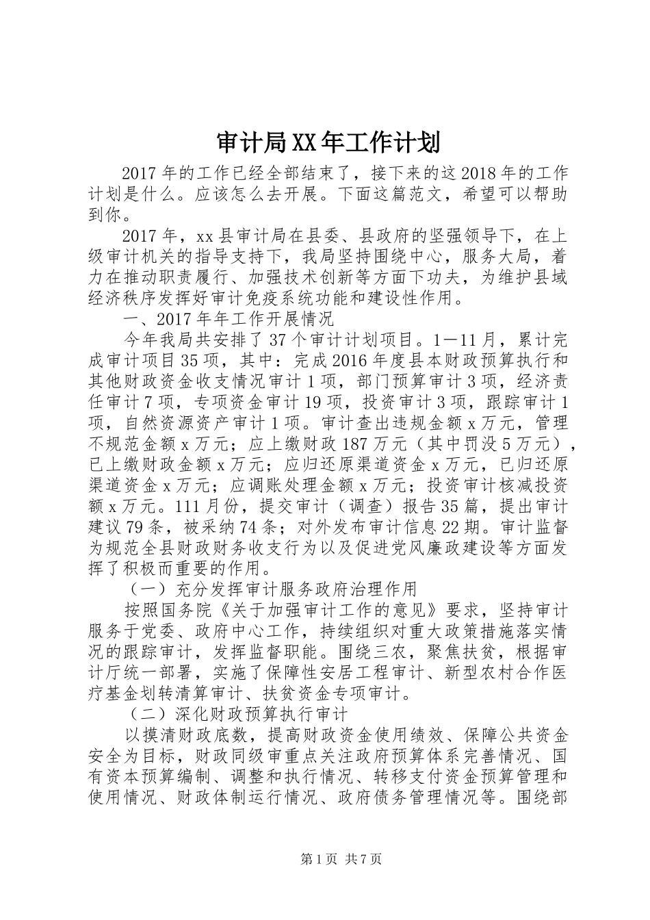审计局XX年工作计划_第1页