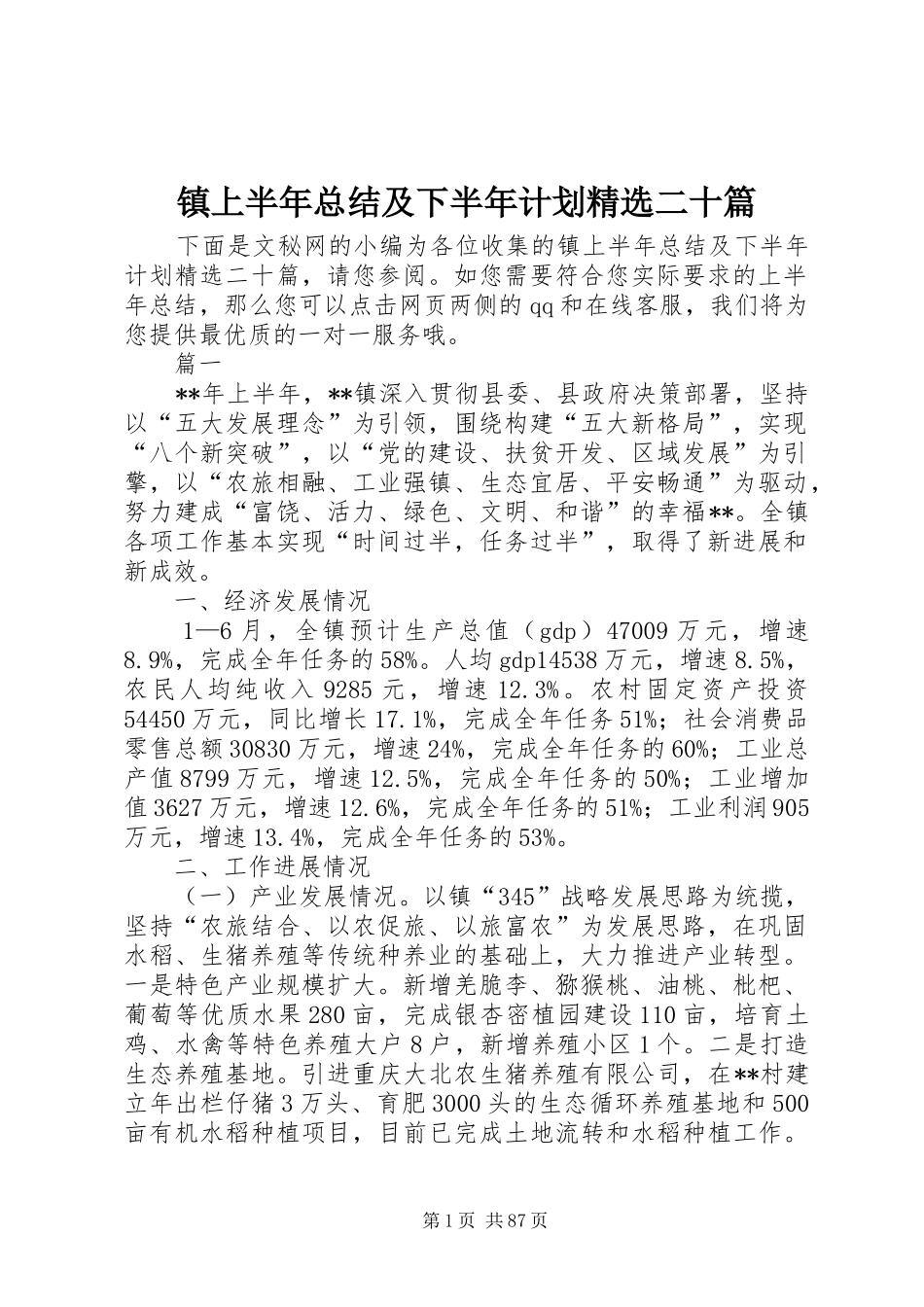 镇上半年总结及下半年计划精选二十篇_第1页