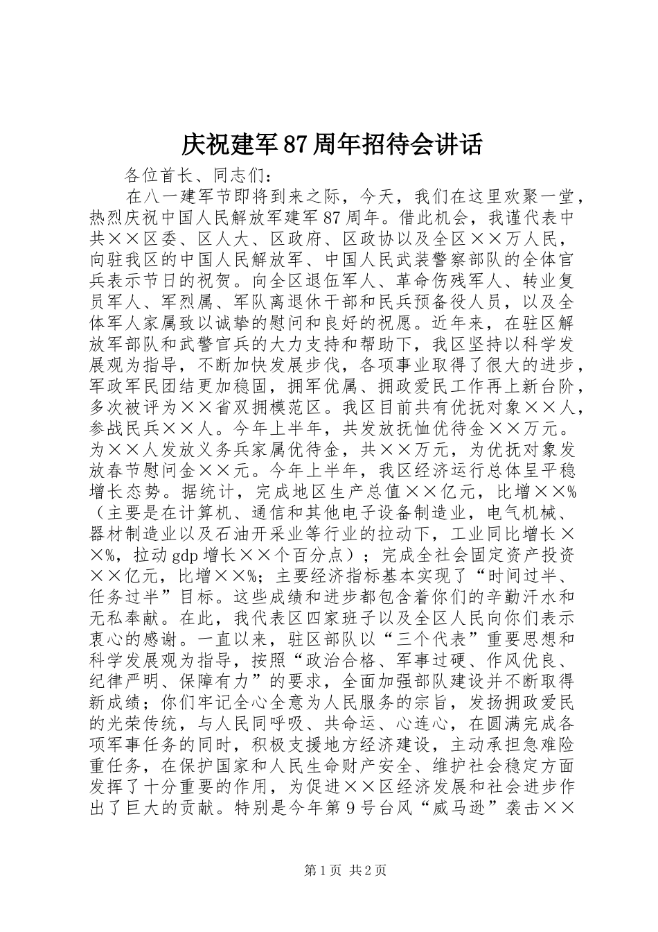 庆祝建军87周年招待会讲话_第1页