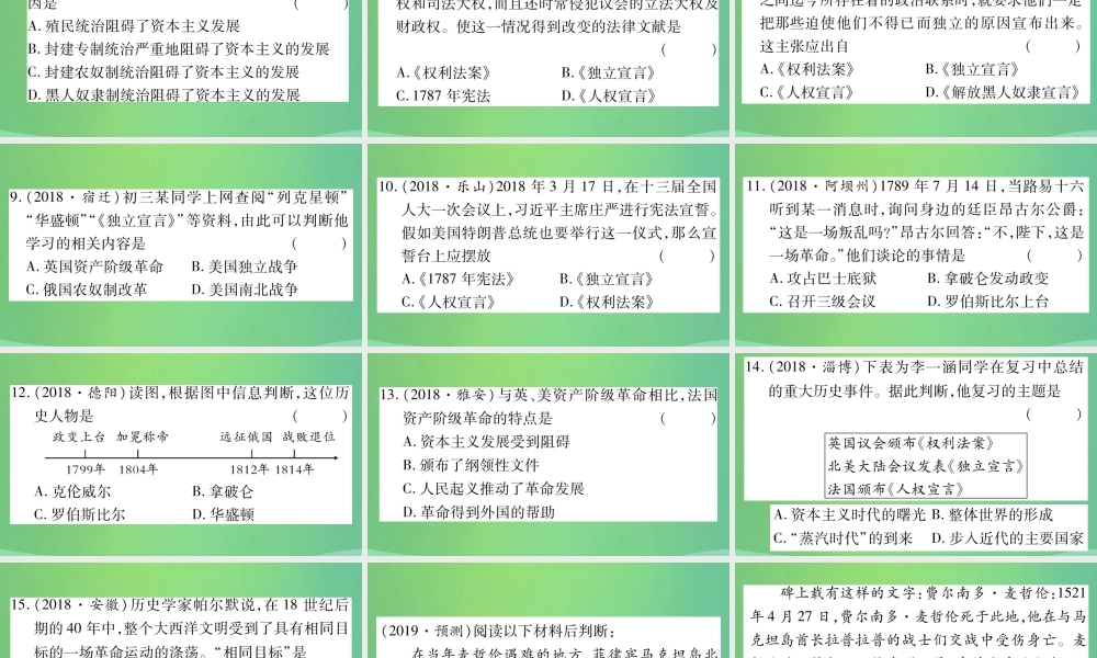 中考历史复习 第一篇 教材系统复习 4 世界古、近代史 第二学习主题 资本主义的兴起和欧美资产阶九年级革命习题课件