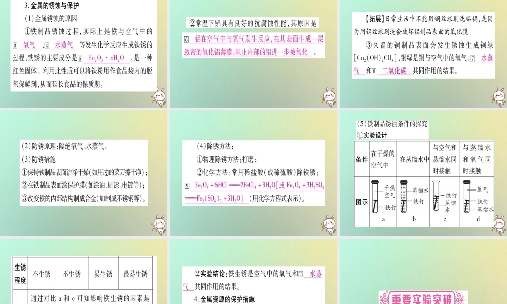 中考化学准点备考复习 第一部分 教材系统复习 第8讲 金属和金属材料 第1课时 金属材料、金属资源的利用和保护课件 新人教版 课件