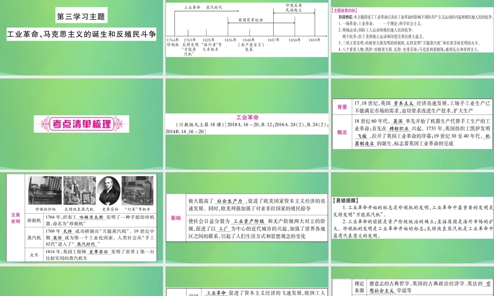 中考历史复习 第一篇 教材系统复习 4 世界古、近代史 第三学习主题 工业革命、马克思主义的诞生和反殖民斗争讲解课件