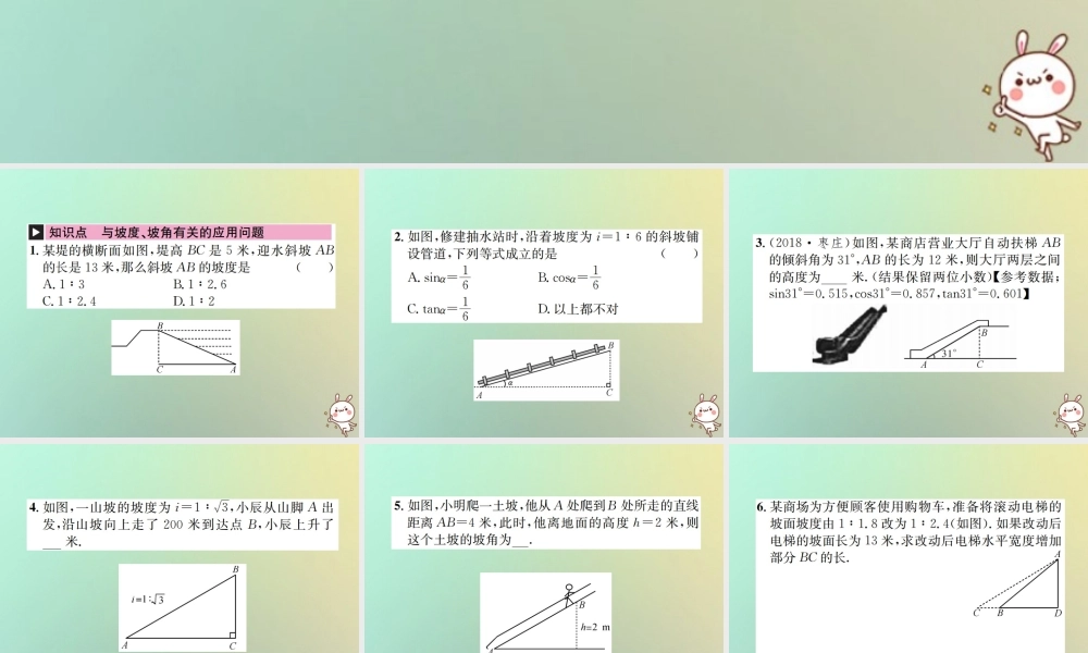 九年级数学下册 第二十八章 锐角三角函数 282 解直角三角形及其应用 2822 应用举例 第3课时 与坡度、坡角有关的解直角三角形应用题习题课件 (新版)新人教版 课件