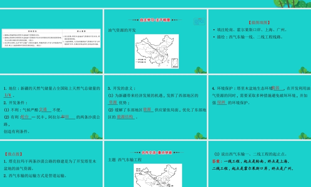 八年级地理下册 第八章 第二节 干旱的宝地 塔里木盆地(二油气资源的开发)习题课件(新版)新人教版 课件