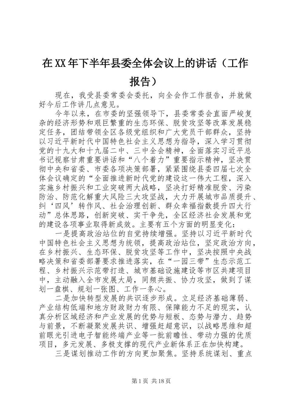 在XX年下半年县委全体会议上的讲话（工作报告）_第1页