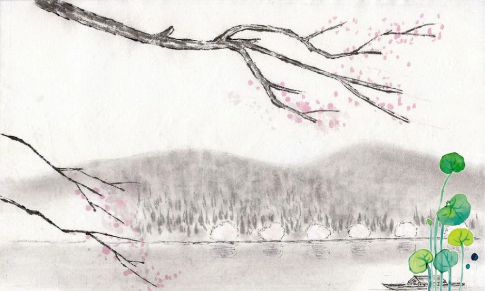 PPT动态模板：水墨风格绿叶动态