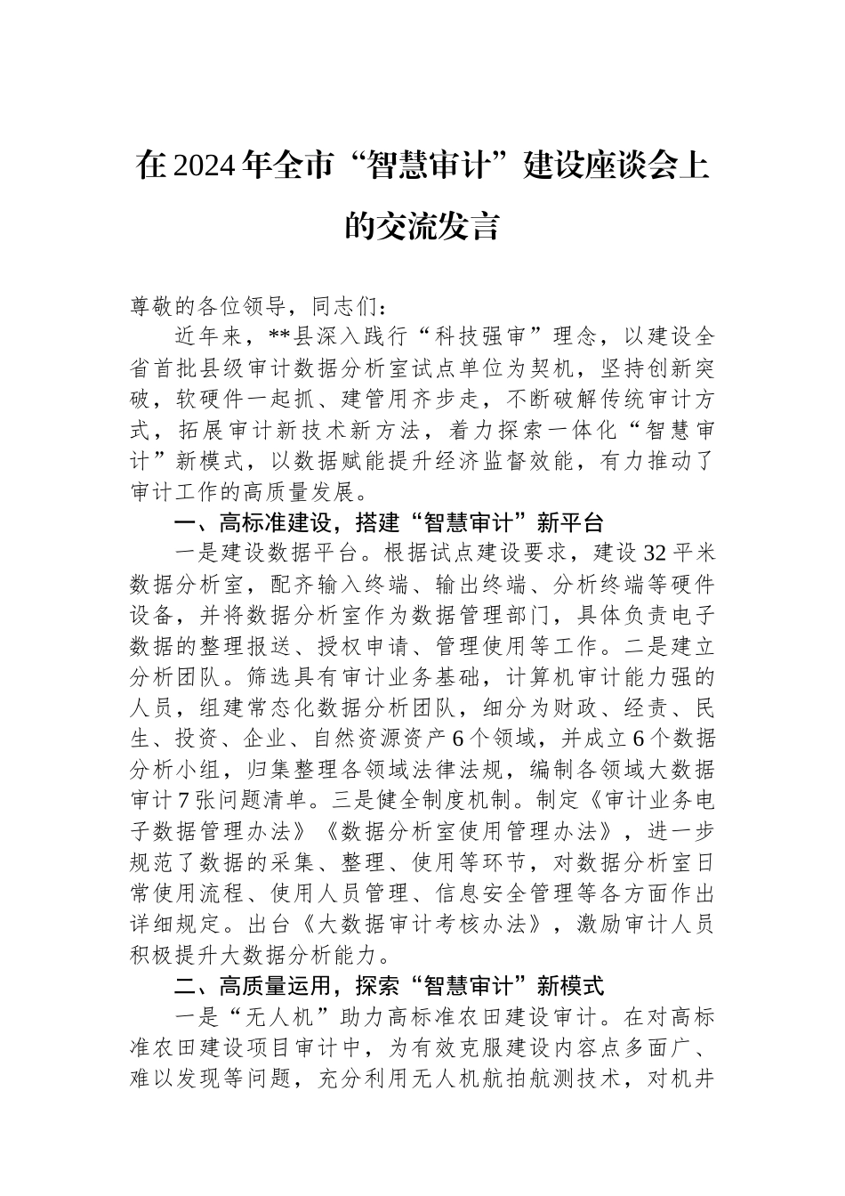 在2024年全市“智慧审计”建设座谈会上的交流发言_第1页