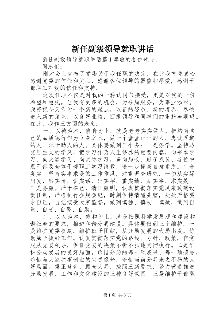 新任副级领导就职讲话_第1页