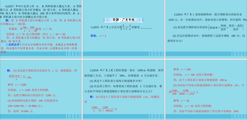 广东省中考数学复习 第一部分 中考基础复习 第二章 方程与不等式 第1讲 方程与方程组 第2课时 分式方程课件