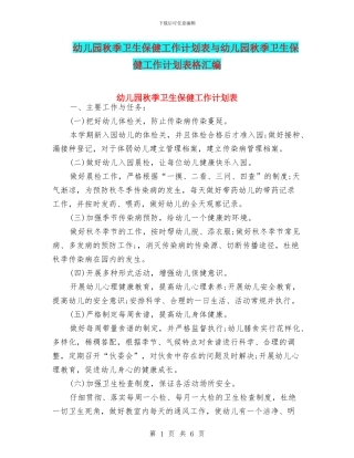 幼儿园秋季卫生保健工作计划表与幼儿园秋季卫生保健工作计划表格汇编
